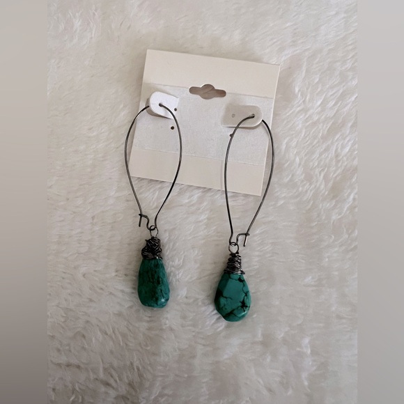 Long Turquoise Dangle Gunmetal Wire Wrapped Earrings - Picture 3 of 4